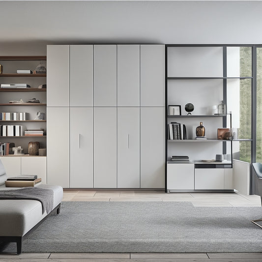 A modern, minimalist living room with sleek, wall-mounted shelving units, floor-to-ceiling storage cabinets, and a smart, automated closet system with sliding glass doors.