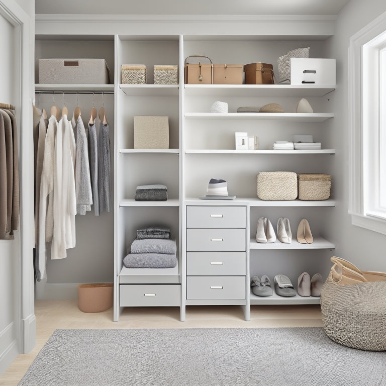 A minimalist closet with a floor-to-ceiling shelves, double rods, and a shoe organizer, featuring a mix of folded clothes, hanging garments, and baskets, in a calming, light-filled space with a soft gray and white color scheme.