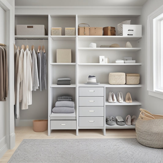 A minimalist closet with a floor-to-ceiling shelves, double rods, and a shoe organizer, featuring a mix of folded clothes, hanging garments, and baskets, in a calming, light-filled space with a soft gray and white color scheme.