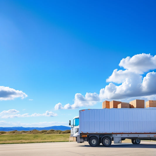 A clutter-free, organized moving truck with stacked boxes, labeled folders, and a few scattered packing supplies, set against a bright blue sky with fluffy white clouds.