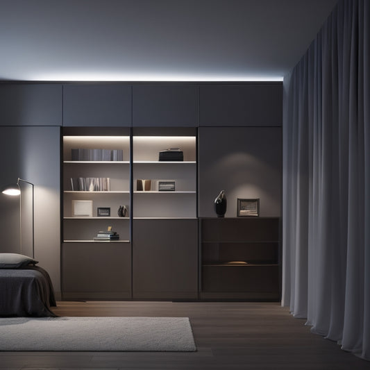 A dimly lit, modern minimalist room with a sliding bookshelf revealing a hidden compartment, surrounded by sleek, space-saving furniture and cleverly concealed storage units.