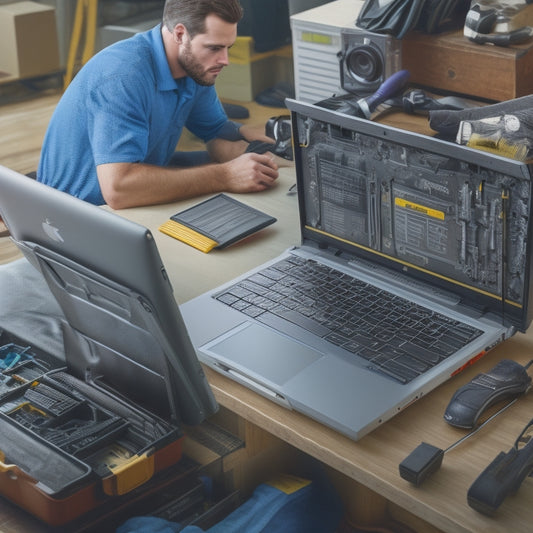 An illustration of a toolbox filled with various tools, a laptop displaying an installation guide, and a person in the background successfully installing a software or system on a computer.