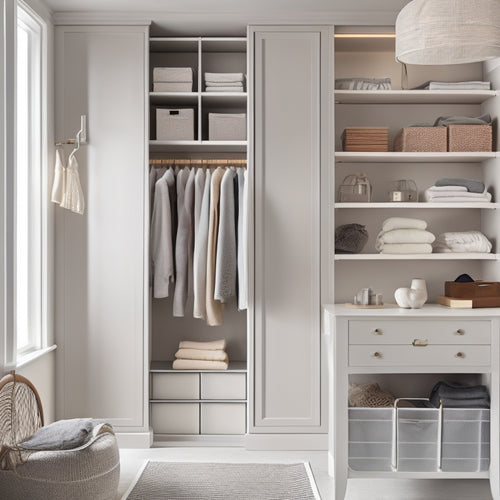 A serene, light-filled closet with a soft gray wall, featuring a floor-to-ceiling storage unit with neatly stacked shelves, hanging rods, and bins in a calming beige and white color scheme.