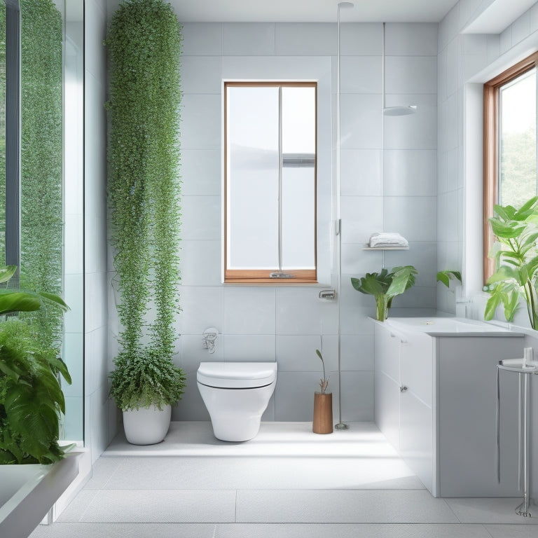 A serene, minimalist bathroom with a wall-mounted sink, a compact toilet, and a shower stall with a sliding glass door, surrounded by sleek, light-colored tiles and a few lush green plants.