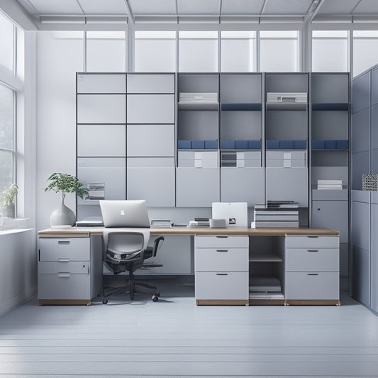 A minimalist, organized office space with a sleek, modern filing cabinet in the center, surrounded by neatly labeled storage bins and a few rolled-up blueprints on a nearby desk.