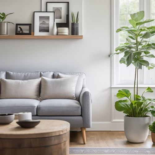 A serene, minimalist living room with a tidy shelf, a few potted plants, and a single Android tablet or smartphone displaying a clutter-free home screen with organized app icons.