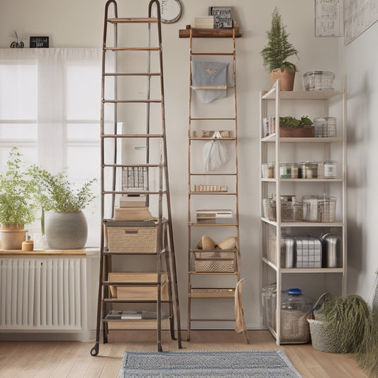 A clutter-free room with repurposed items: a vintage ladder turned bookshelf, Mason jars storing office supplies, and a DIY pegboard with hooks and baskets in a modern, minimalist space.