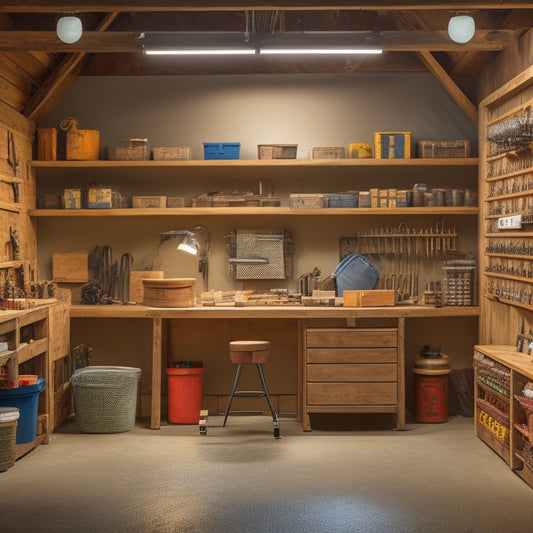 A tidy, well-lit workshop with rows of labeled storage bins, a pegboard displaying organized tools, and a workbench with a half-assembled shelving unit, surrounded by neatly coiled wires and rolls of twine.