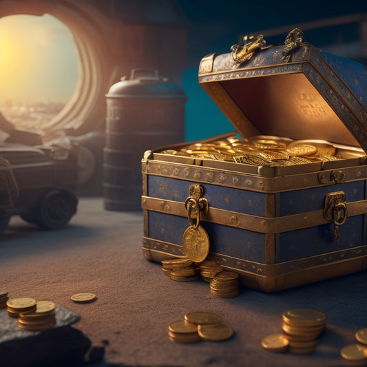 A locked treasure chest overflowing with gold coins, surrounded by miniature self-storage units and a faint cityscape in the background, with a subtle keyhole shining brightly on the chest's front.