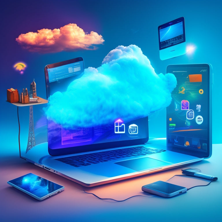 An illustration of a stylized, glowing cloud with various devices (laptop, tablet, smartphone) orbiting around it, connected by wispy lines, surrounded by scattered folders, files, and collaboration icons.
