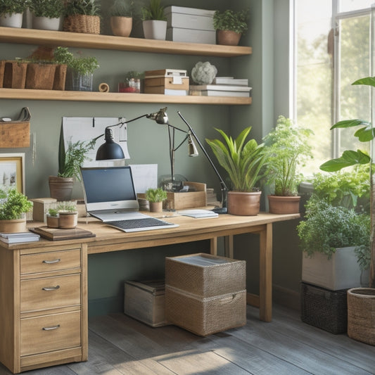 A cluttered home office with piles of papers, tangled cords, and a messy desk, transformed into a serene and organized space with a tidy workstation, labeled storage bins, and a few well-placed plants.
