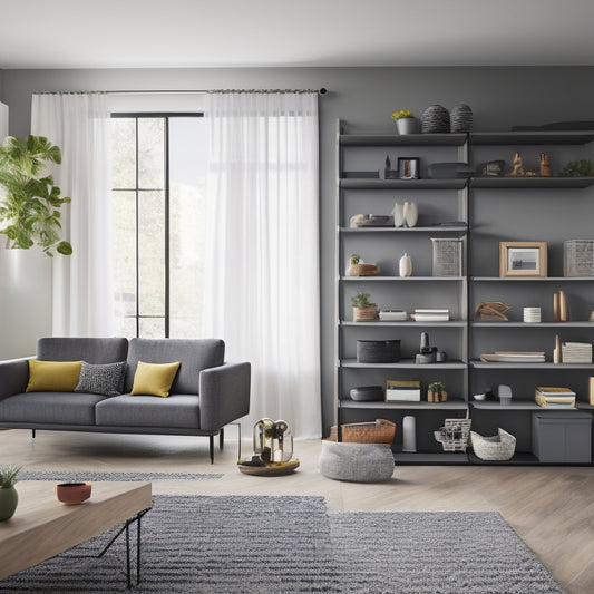 A sleek, modern living room with modular shelving units in various shapes and sizes, interchangeable baskets and bins in different materials, and a few stylishly arranged decorative objects.