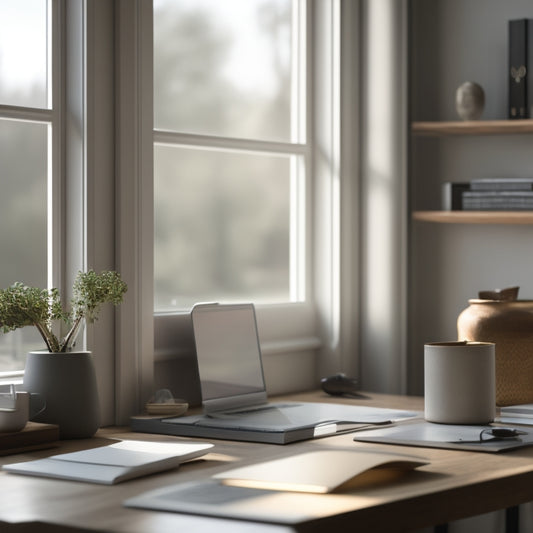 A serene, minimalist workspace with a perfectly organized desk, a few prized possessions on a nearby shelf, and a subtle hint of natural light peeking through a blurred window in the background.