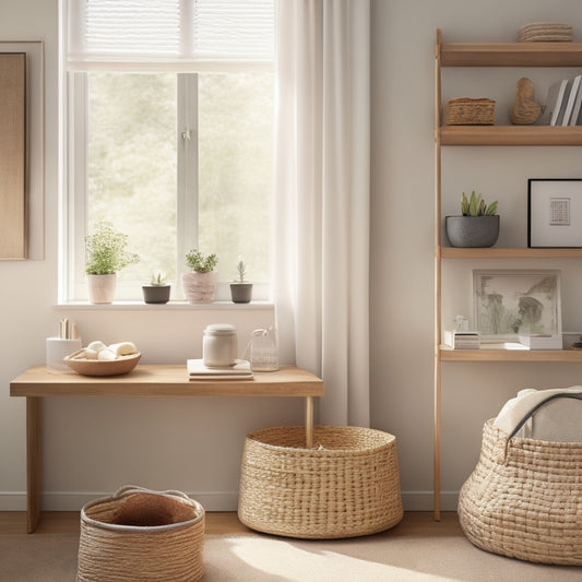 A tidy, minimalist room with a Murphy desk, a floating shelf, and a woven storage basket, surrounded by a calm, muted color palette and plenty of natural light.