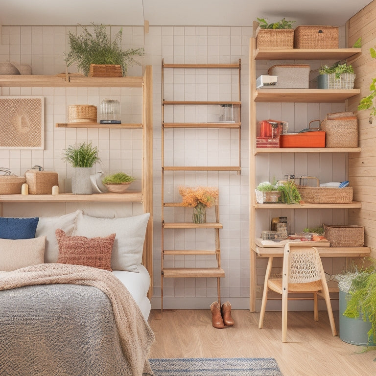 A clutter-free tiny home interior with a murphy bed, ladder-turned-bookshelf, woven basket storage, and a pegboard with hanging bins and utensils, set against a calming, light-wood background.