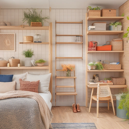 A clutter-free tiny home interior with a murphy bed, ladder-turned-bookshelf, woven basket storage, and a pegboard with hanging bins and utensils, set against a calming, light-wood background.