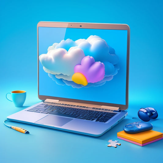 An illustration of a cloud-shaped puzzle fitting into a laptop, surrounded by diverse e-learning elements like tablets, headphones, and a globe, set against a bright blue background with subtle gradient effects.