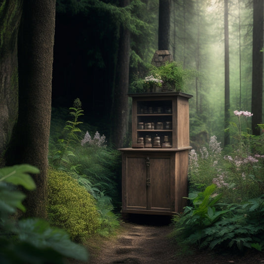 A serene, misty forest backdrop with a winding stone path leading to a wooden apothecary cabinet adorned with various herbalism tools, surrounded by lush greenery and blooming wildflowers.