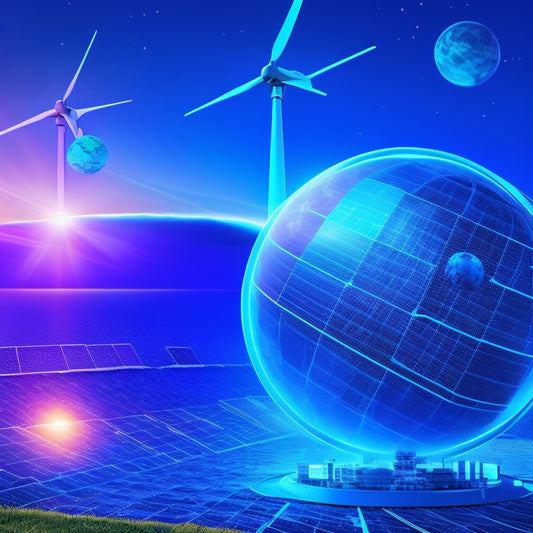 An illustration of a globe with glowing blue circuits and gears, surrounded by interconnected batteries, solar panels, and wind turbines, set against a vibrant, gradient blue background.