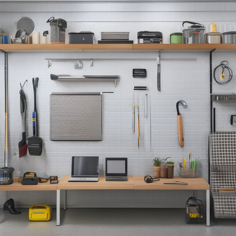 A clutter-free garage with a sleek, silver pegboard on the wall, holding organized tools and accessories, alongside a digital tablet displaying a garage organization app on a nearby workbench.
