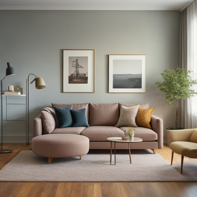 A cozy, minimalist living room with a sleek, wall-mounted desk, a compact, round coffee table, and a space-saving, Murphy-style sofa bed, all in a calming, monochromatic color scheme.
