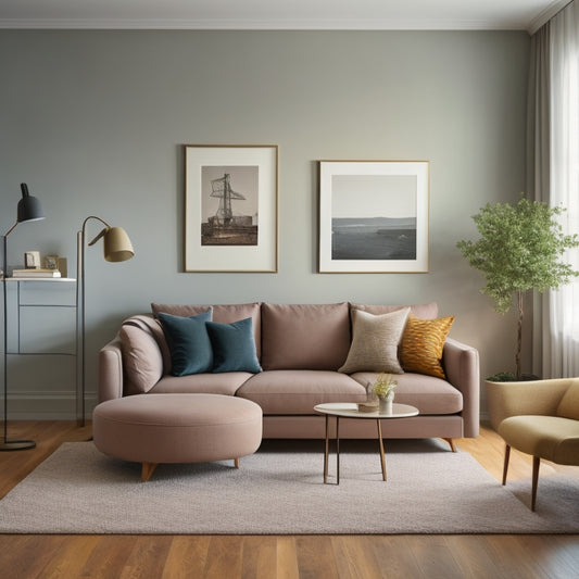 A cozy, minimalist living room with a sleek, wall-mounted desk, a compact, round coffee table, and a space-saving, Murphy-style sofa bed, all in a calming, monochromatic color scheme.