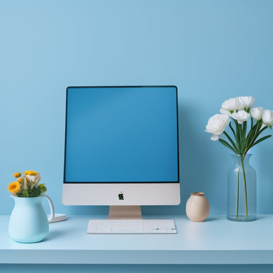 A serene, minimalist desktop with a few, carefully arranged icons, a tidy laptop, and a single, blooming flower in a small vase, set against a soft, pastel blue background.