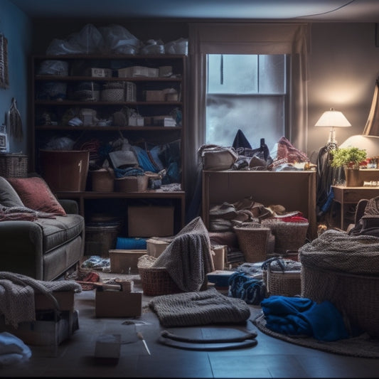 A dimly lit, cluttered living room with piles of dirty laundry, dusty vases, and stacked boxes, surrounded by tangled cords and forgotten trinkets, with a faint outline of a peaceful, organized space in the background.