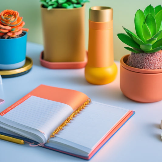 A serene, minimalist desk setting featuring a beautifully designed habit-forming planner, adorned with colorful tabs and washi tape, amidst a few carefully placed, artisanal office supplies and a tiny potted succulent.