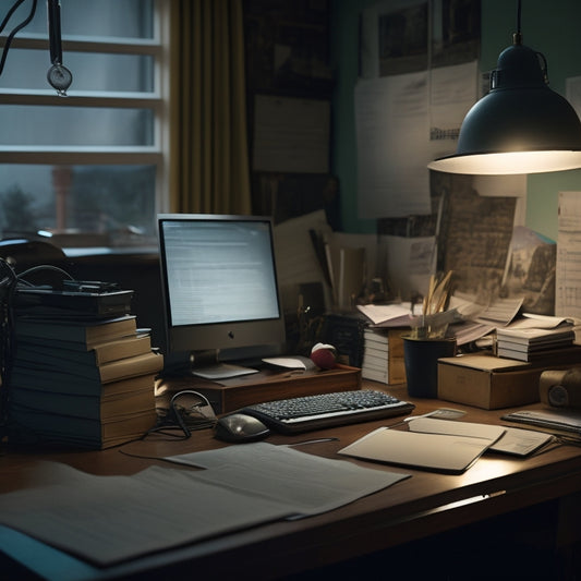 A cluttered, dimly lit home office with papers stacked high, tangled cords, and a dust-covered computer, contrasted with a glimpse of a serene, organized workspace in the background.