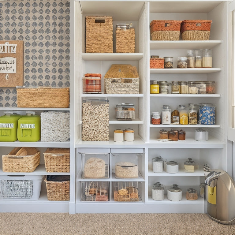 A tidy pantry with four distinct zones: a cooking zone with utensils and spices on a pegboard, a baking zone with tiered baskets and labeled canisters, a snack zone with woven baskets and a coffee station, and a storage zone with labeled bins and shelves.