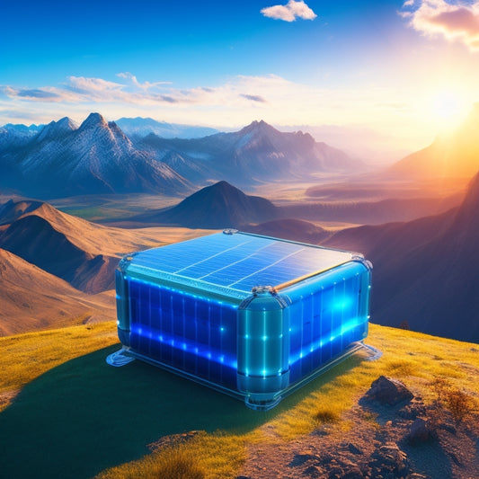 A futuristic illustration of a sleek, silver Oregon-shaped battery with glowing blue circuits, surrounded by swirling electrons and solar panels, set against a warm, sunny background with the outline of mountains.