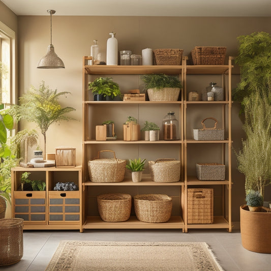 A serene, well-lit room with multi-functional, modular shelving units in warm wood tones, holding neatly arranged storage bins, baskets, and decorative objects, surrounded by lush greenery.