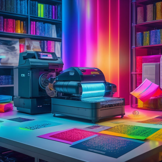 A futuristic, sleek, and modern printing press in the center, surrounded by swirling vortex of colorful papers, ink cartridges, and 3D printing materials, with bright LED lights shining in the background.