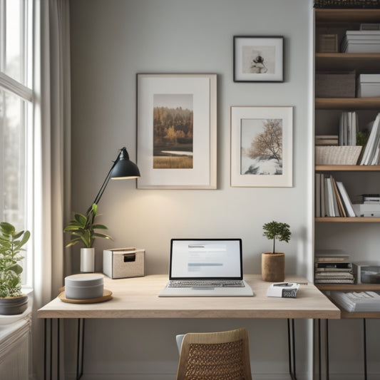 A serene, minimalist home office with a tidy desk, a laptop, and a few neatly labeled folders, surrounded by a blurred background of organized shelves and a calm, natural ambiance.