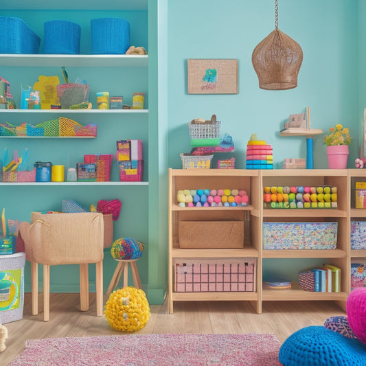 A colorful, clutter-free playroom with a wooden desk, a bookshelf with labeled bins, a pegboard with hanging baskets, and a woven storage basket filled with toys and craft supplies.