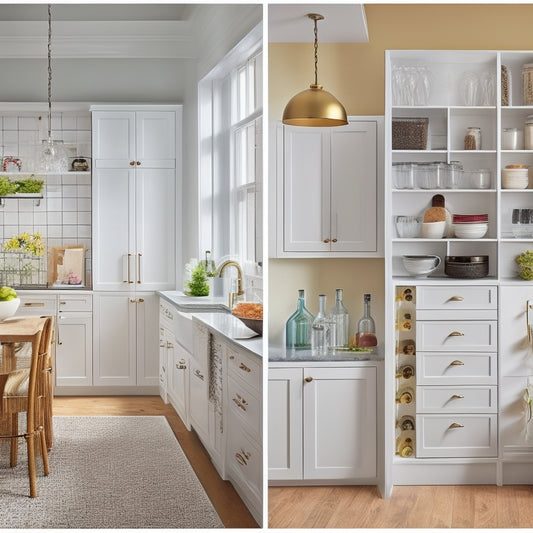 A bright, modern kitchen with a sleek, white pantry door open, revealing a tidy interior with stacked, matching white containers, a built-in wine rack, and a pull-out shelf with a few, carefully arranged cookbooks.