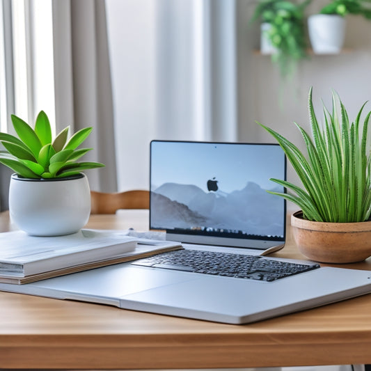 A tidy, minimalist desk with a laptop, a small potted plant, and a few neatly arranged folders, surrounded by subtle hints of a organized home in the blurred background.