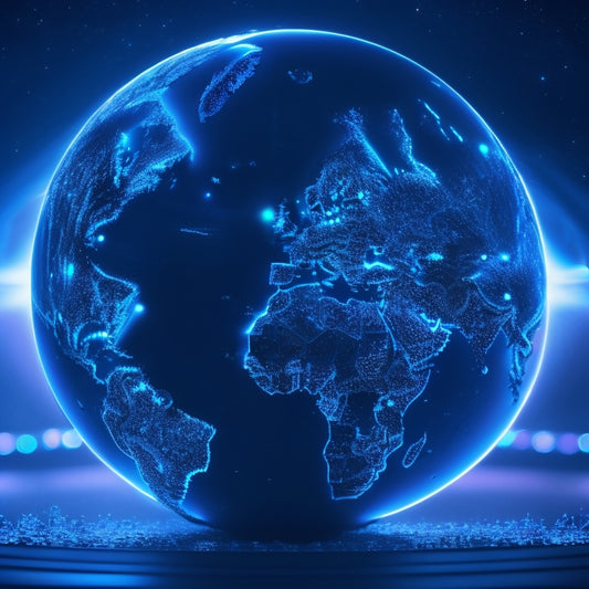 A futuristic globe with glowing blue lines and circuits, surrounded by orbiting satellites, robots, and 3D models, set against a dark blue background with subtle neon lights and stars.