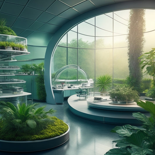 A futuristic laboratory with sleek, silver workstations, gleaming microscopes, and rows of neatly labeled petri dishes, surrounded by a lush, green indoor garden and a majestic, spiral DNA helix sculpture.