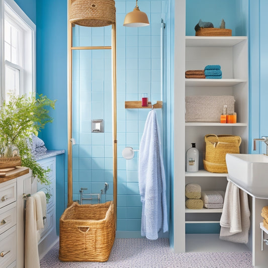 A bright, modern bathroom with a mixture of open shelving and closed cabinets, featuring a repurposed ladder as a storage unit, woven baskets, and a hanging caddy on the shower curtain.