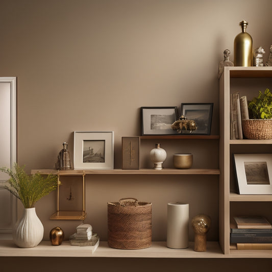 A serene, well-lit room with a few, carefully selected mementos on a shelf, amidst a backdrop of tidy, empty bookcases and a minimalist, neutral-colored walls.