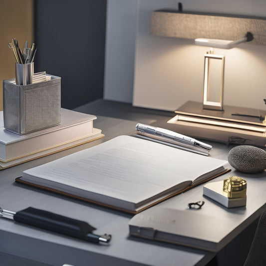 A minimalist, modern desk with a sleek, silver lamp, surrounded by neatly arranged folders, a leather-bound planner, and a few, carefully placed, shiny metal gears, on a clean, wooden surface.