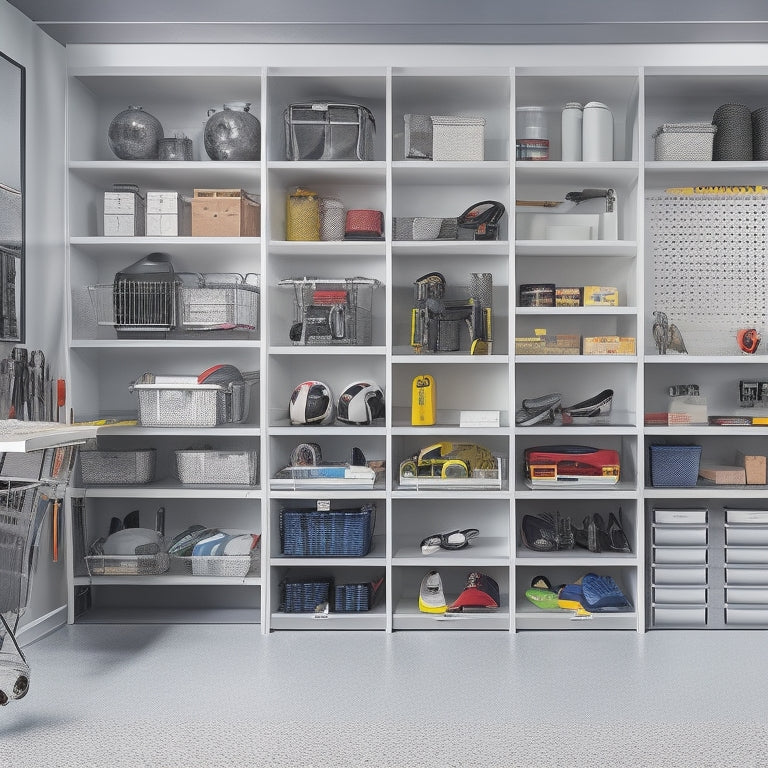 A clutter-free garage with a sleek, silver GOAT storage organizer system, featuring multiple shelves, cabinets, and hooks, surrounded by neatly organized tools, sports equipment, and bins.