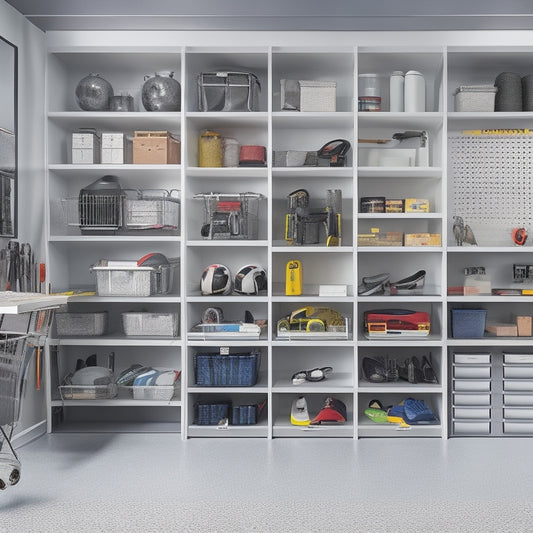 A clutter-free garage with a sleek, silver GOAT storage organizer system, featuring multiple shelves, cabinets, and hooks, surrounded by neatly organized tools, sports equipment, and bins.