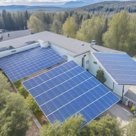 Aerial view of a modern, sleek, and metallic silver solar panel installation on a rooftop in Vernon, with surrounding trees and houses, under a bright blue sky with puffy white clouds.