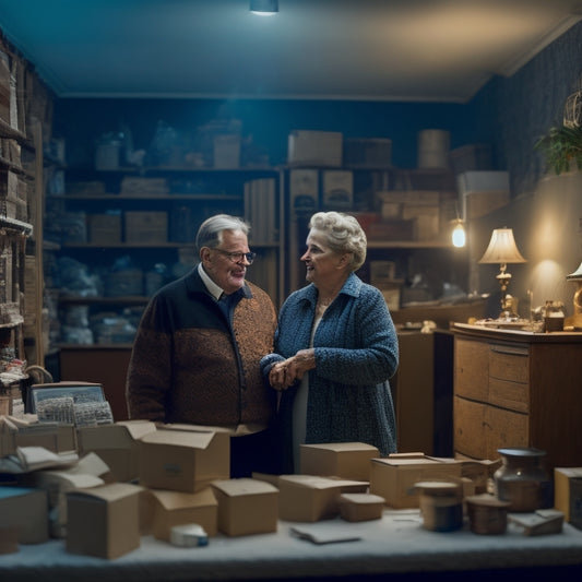 An image of a senior couple standing in front of a cluttered, dimly lit room, surrounded by boxes and furniture, with a faint outline of a smaller, brighter space in the background.
