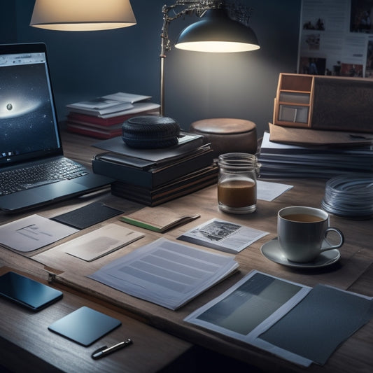 A tidy desk with a few scattered papers, a laptop, and a tablet, surrounded by faint digital icons of files and folders, with a subtle glow of organization and order.