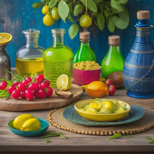 A vibrant, overhead shot of a colorful Mediterranean-inspired table setting, featuring a large, ornate olive oil dispenser, surrounded by artfully arranged olives, lemons, and fresh herbs, on a rustic wooden background.
