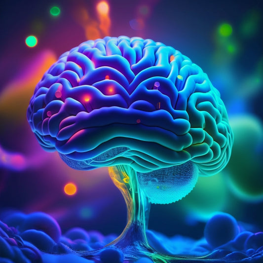 A colorful, futuristic brain with glowing blue neurons, surrounded by interconnected bubbles in shades of green, yellow, and orange, with subtle gradient effects and soft lighting.
